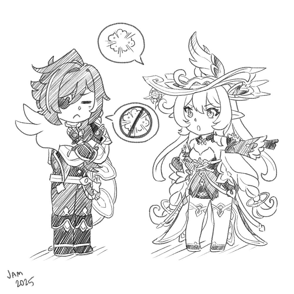 Digital pencil drawing of chibi Kaeya and Alice. Alice is on the right, pointing offscreen as she suggests blowing something up. Kaeya is on the left, crossing his arms as he denies her suggestion.