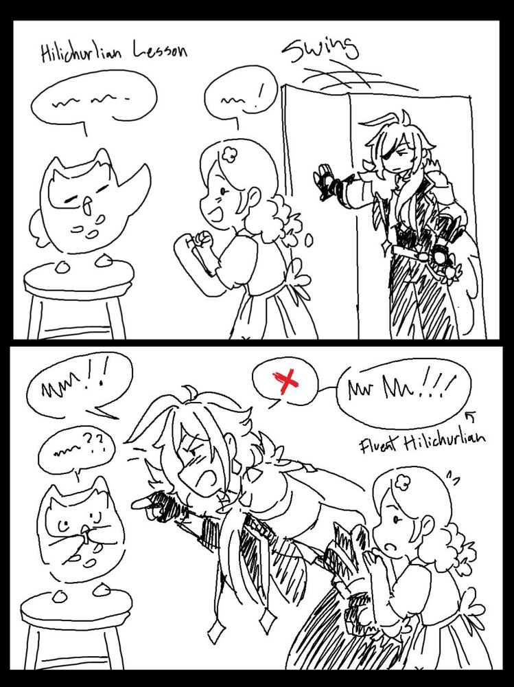 Two panel comic. First panel is Ella Musk getting a Hilichurlian lesson from the duolingo owl. Behind them, Kaeya suddenly swings the door open and glares. Second panel, Kaeya steps in front of a surprised Ella to test the duolingo by speaking fluent Hilichurlian and telling the owl its answer is incorrect.