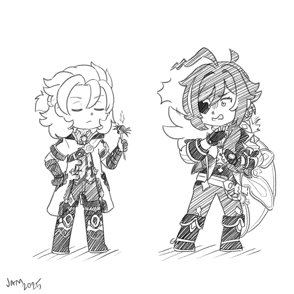 Digital pencil drawing of chibi Albedo and Kaeya. Albedo stands calmly as he holds up a stick with a cooked spider on the end. Meanwhile Kaeya recoils back in horror. IYKYK. 