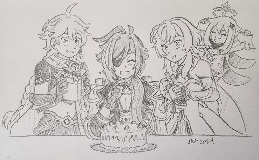 Sketch of Kaeya sitting in front of a cake. On the left is Aether holding a gift box and to the right is Lumine holding a wine bottle with a bow. Paimon is behind Lumine, her arms in the air as they all happily surround a sheepish-looking Kaeya.