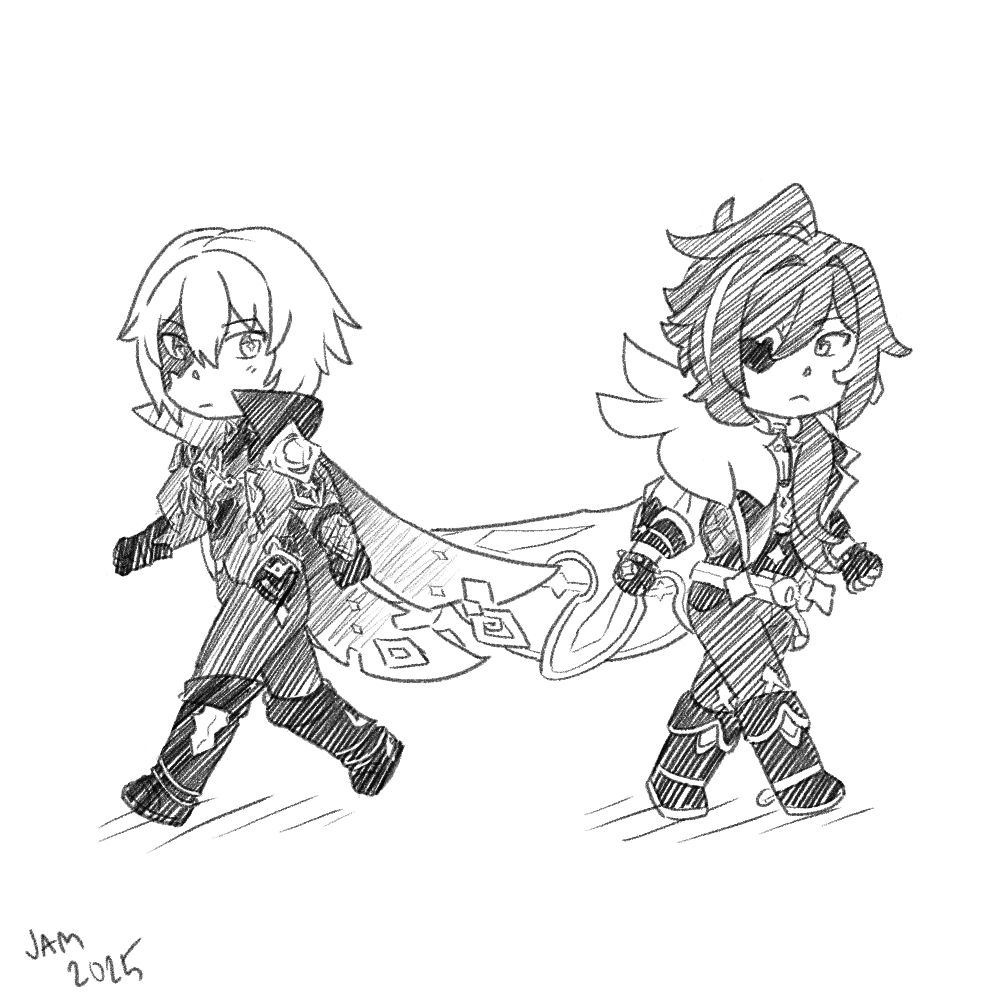 Digital pencil drawing of chibi Dainsleif and Kaeya. They are walking past each other. glancing back apprehensively, as Dain walks towards the left and Kaeya walks towards the right.