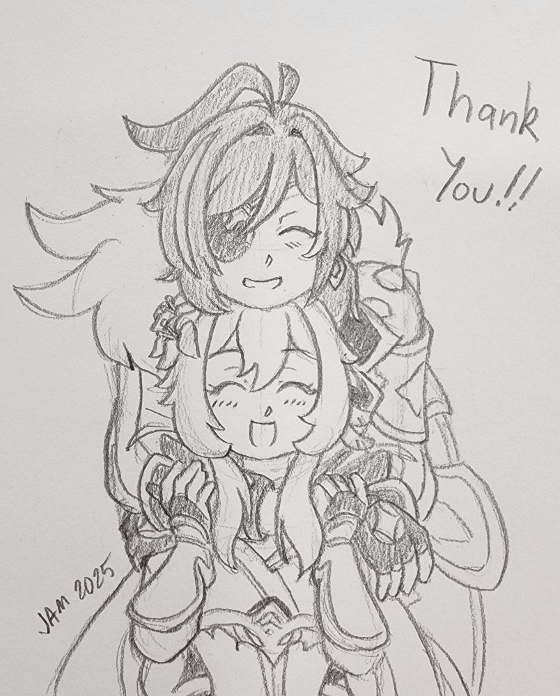 Pencil drawing of Kaeya leaning over Lumine from behind. His arms are wrapped around her shoulders and she's gripping his right forearm. They're both smiling at the viewer with eyes closed. The words "Thank you!!" are on the top right of the image.
