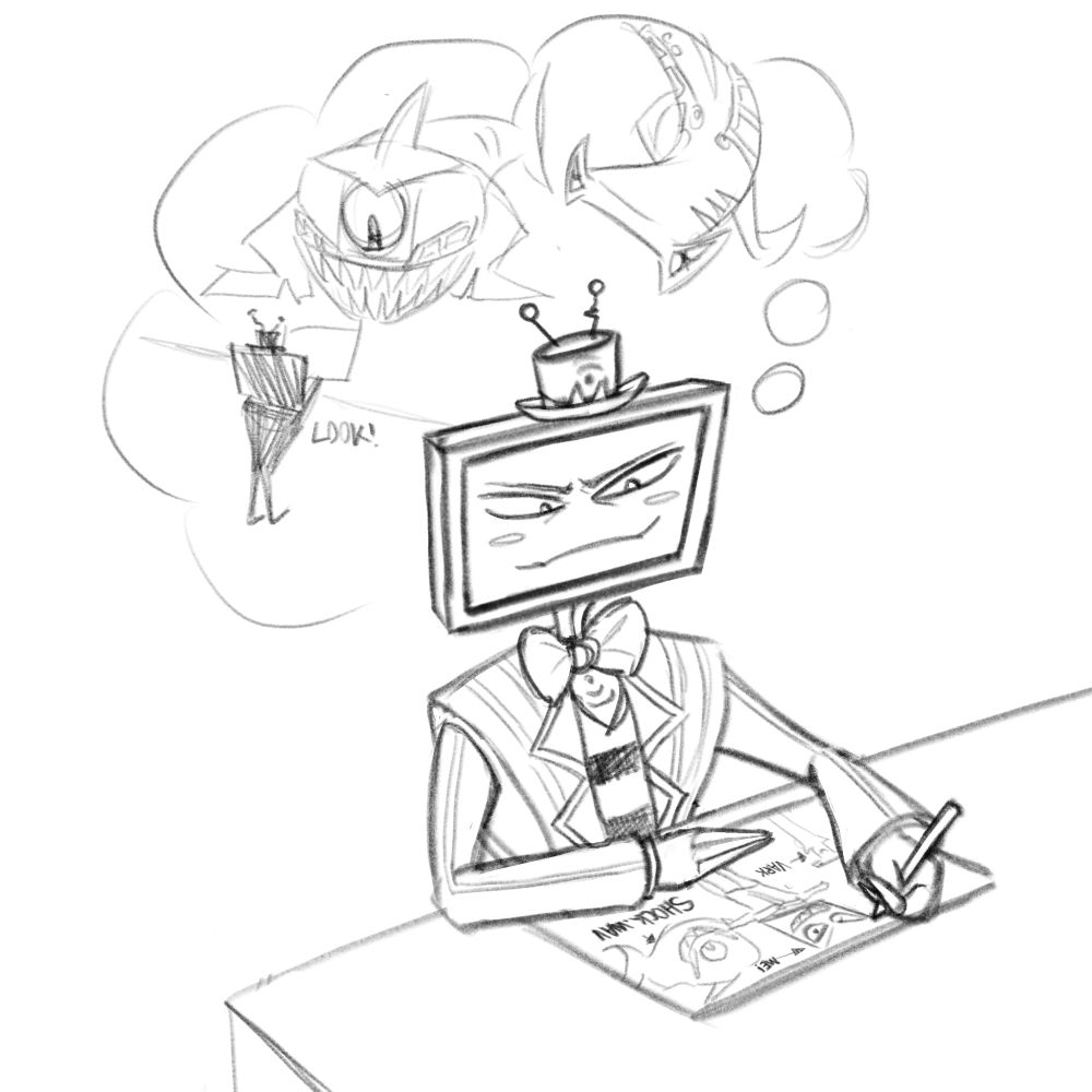 Vox draws himself with his sharks (Shock.wav and Vark)