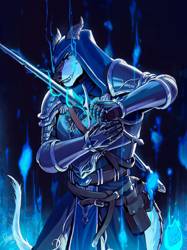 A draconic canine in fantasy armor with a hood grinning at the viewer with magic flowing from his mouth, around his weapon and in his environment.