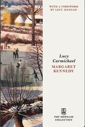 Lucy Carmichael by Margaret Kennedy. 
A smart cover design. The cover divided vertically, one side white with title and author the left hand side showing a wintery, rural ice skating scene.