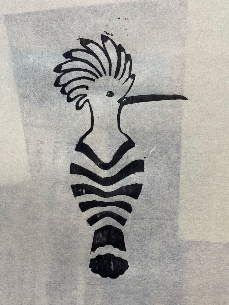 Hoopoe woodblock print in black on washi paper