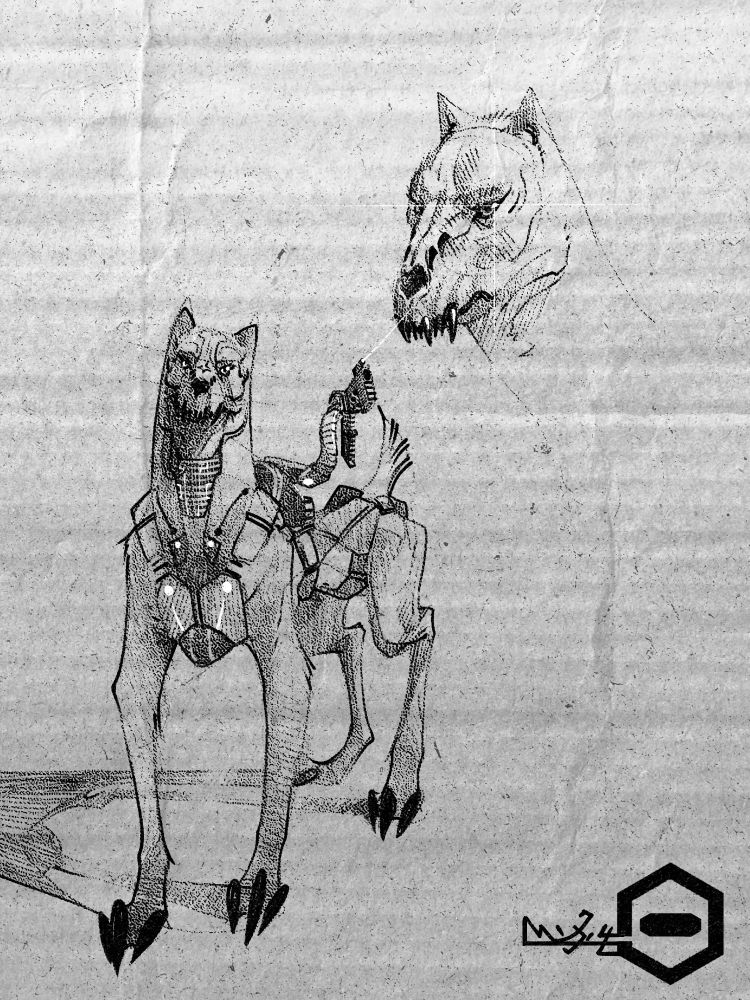 A digital sketch of a cybernetic alien canine