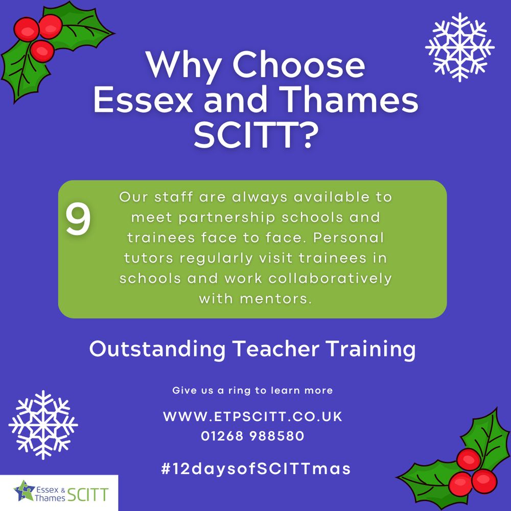 What makes Essex and Thames SCITT special? Here’s 12 of the most important things to know about us. 

Our staff are always available to meet partnership schools and trainees face to face. Personal tutors regularly visit trainees in schools and work collaboratively with mentors.

Train to teach with an outstanding training provider. Get in touch to learn more about our courses. www.etpscitt.co.uk

#12daysofscittmas #12daysofscitt #whychooseus #teachertraining #traintoteach #traineeteacher #essex #getintoteaching #teachinessex 
