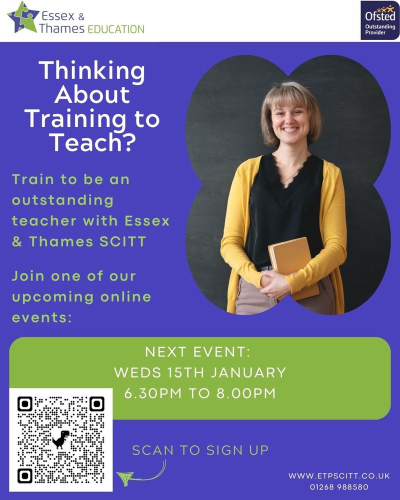 New Year, New Career. Time for a career change? Switching to teaching is easier than you think. Find out more at our next Train to Teach online information session on Weds 15th Jan. 6.30pm

Visit our website to learn more:  https://etpscitt.co.uk/what-is-on/

Have you ever considered a career in teaching but just don’t know where to start? Take the first step and meet our friendly, expert team for a Zoom chat.

You will have the opportunity to:
– chat with our team
– ask questions about the routes into teaching
– learn about our teacher training programmes
– understand the application process
– ask any questions that you may have

We look forward to meeting you and discussing how you can start your teaching career.

#traintoteach #getintoteaching #teachinessex #teachertraining #teachereducation