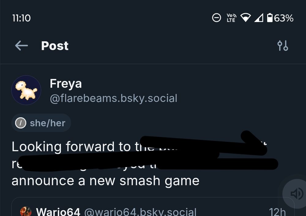 an edited screenshot of a bluesky post made to read "looking forward to announce a new smash game"