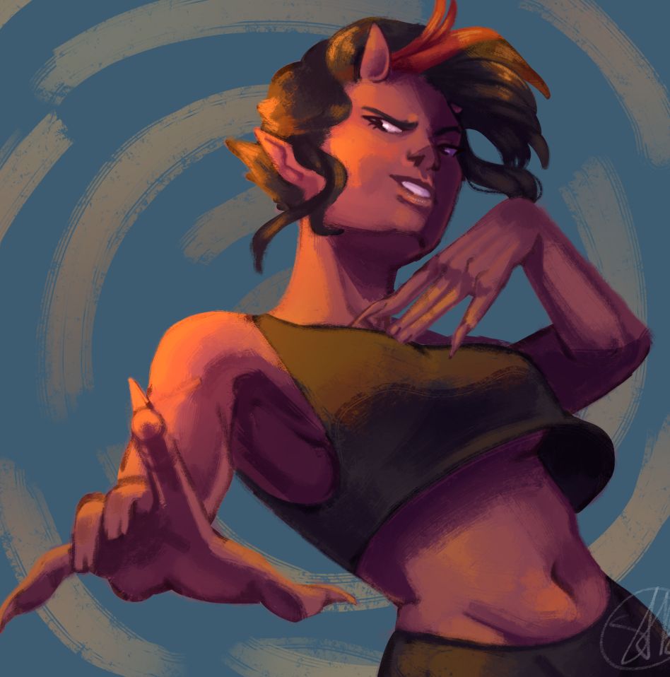 A digital painting of a red tiefling from DND, gesturing at the camera, with her other hand underneath her chin. She has short black hair and a black crop top. The background is blue with a yellow swirl pattern

[ Belongs to: @Weeamoo ]