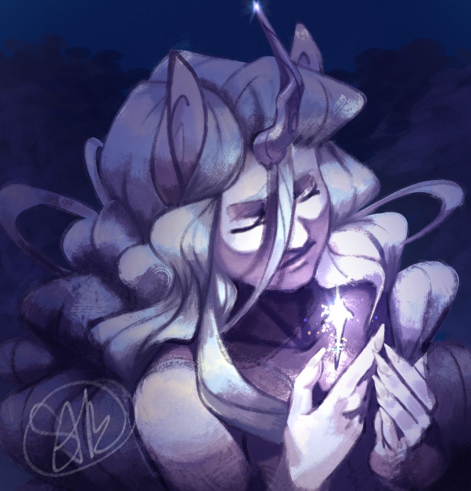 A digitally painted bust of a unicorn character pensively looking down at a star she is holding in her hands. Her hair is wavy and blowing all around her. The star is glowing

[Belongs to: @Alopex ]