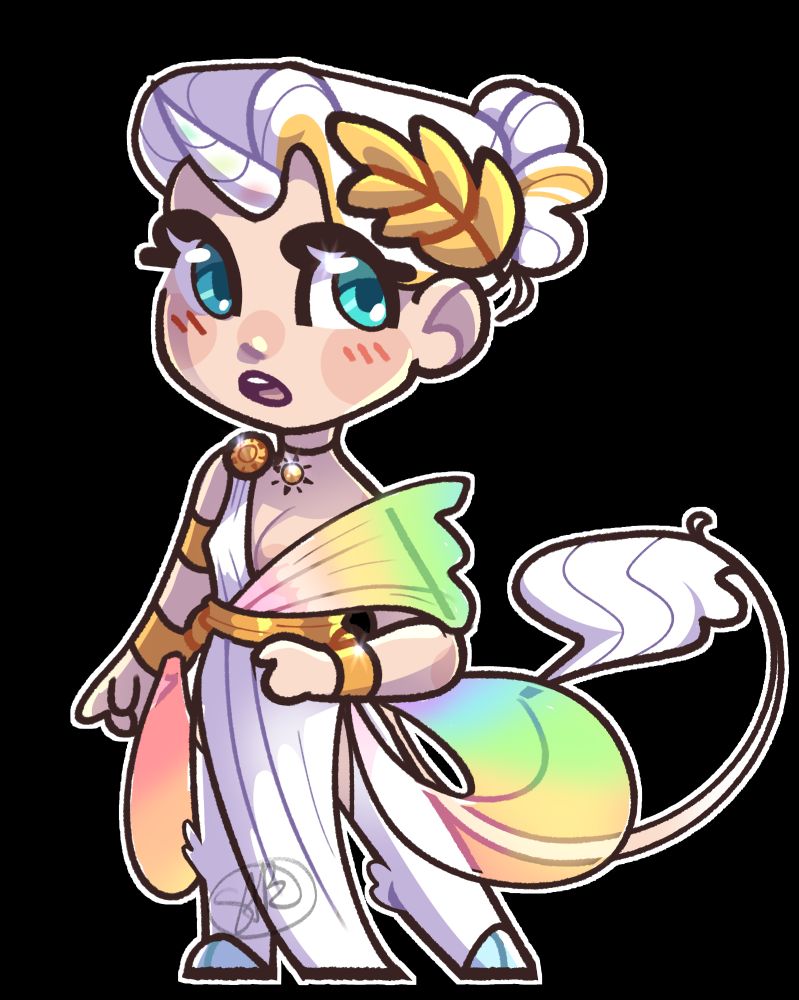 A drawing of my Dungeons and Dragons + Greek mythology oc, Cassius. He's a chibi unicorn satyr in a white chiton, with rainbow colored ribbons. His hair is pulled back into a bun, his eyes are blue and he has various sun medallions on his person, he looks surprised at the camera, and he's cute.