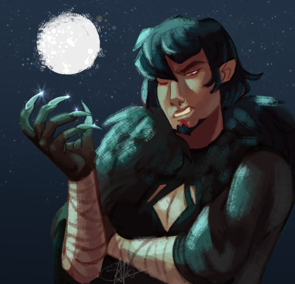A werewolf standing in front of the full moon. His claws catch the light which glow. He has black hair and a black goatee, red paint decorates his face

[ Belongs to: @Skullzy20 ]