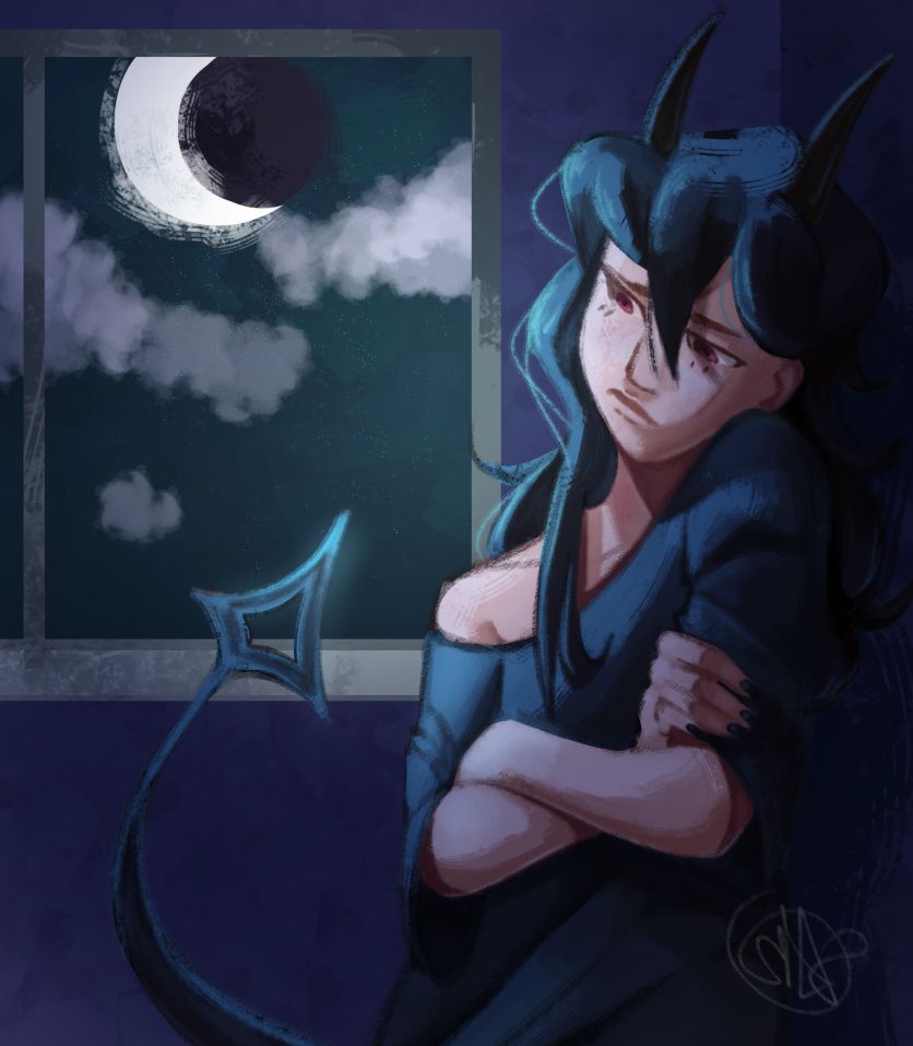 A tiefling stands in front of a window, one shoulder leaned up against the wall, looking passively down at the floor. Clouds are moving to cover the moon outside, which is casting a glow on Teiko's body.

[ Belongs to: @TSEAGHOSTS ]