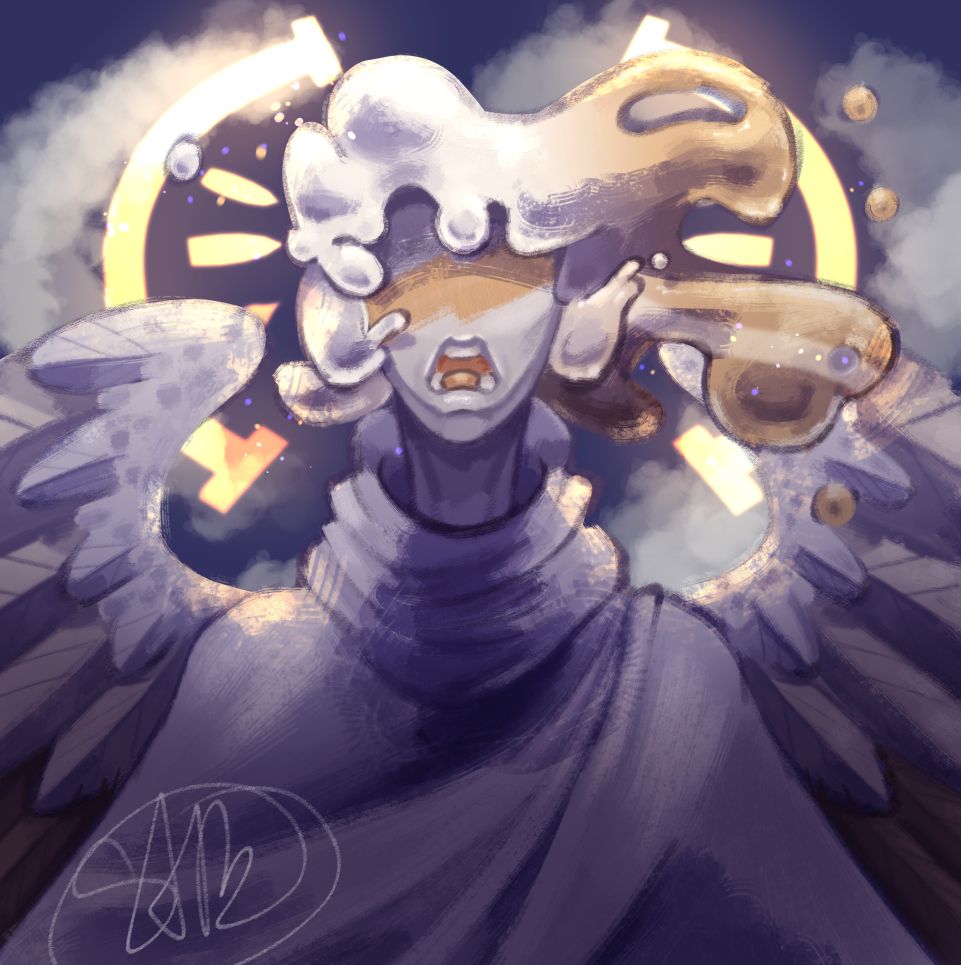 A digital painting of an angel standing before a cloudy, dark sky. Their mouth is open and their gel hair is flowing around them. Behind them is a bright golden halo

[ Belongs: @beepboez ]
