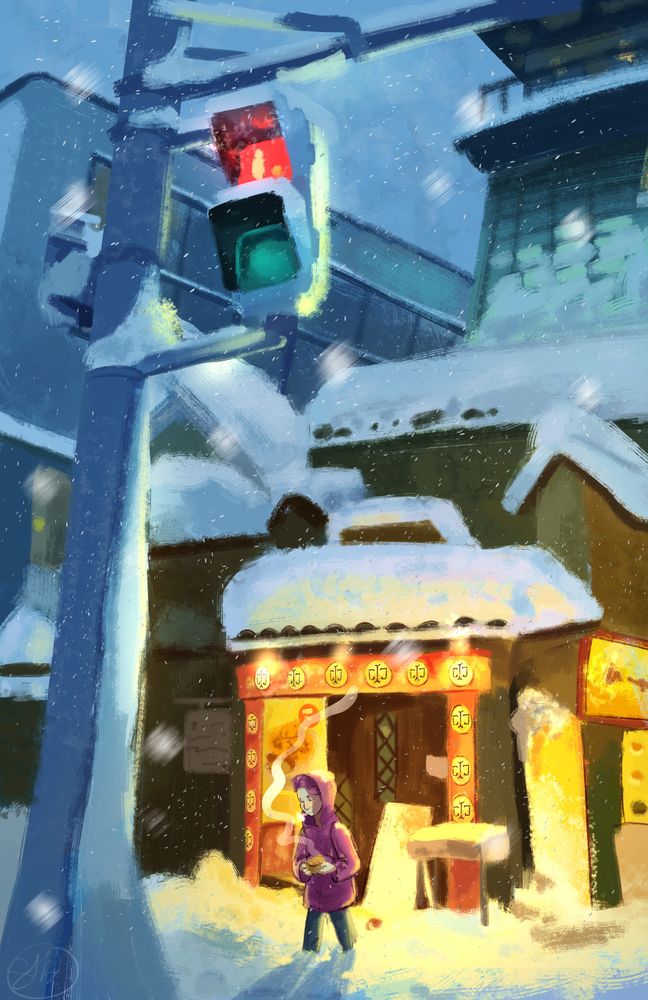 A landscape painting of my Dungeons and Dragons oc Cassius standing in front of a food place. In the foreground is a stoplight, the background features various buildings including what is a Katsudon place. 

Midground is my Original Character Cassius in a pink raincoat, holding a steaming bowl of ramen as he walked through the thick snow