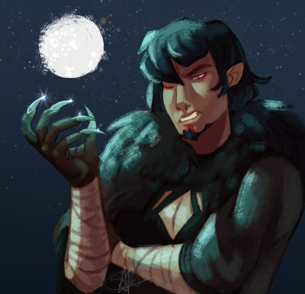 A werewolf stands in front of the night sky, the moon glowing behind him and casting him in a blue glow. He glowers at the camera and his claws reflect the bright light.