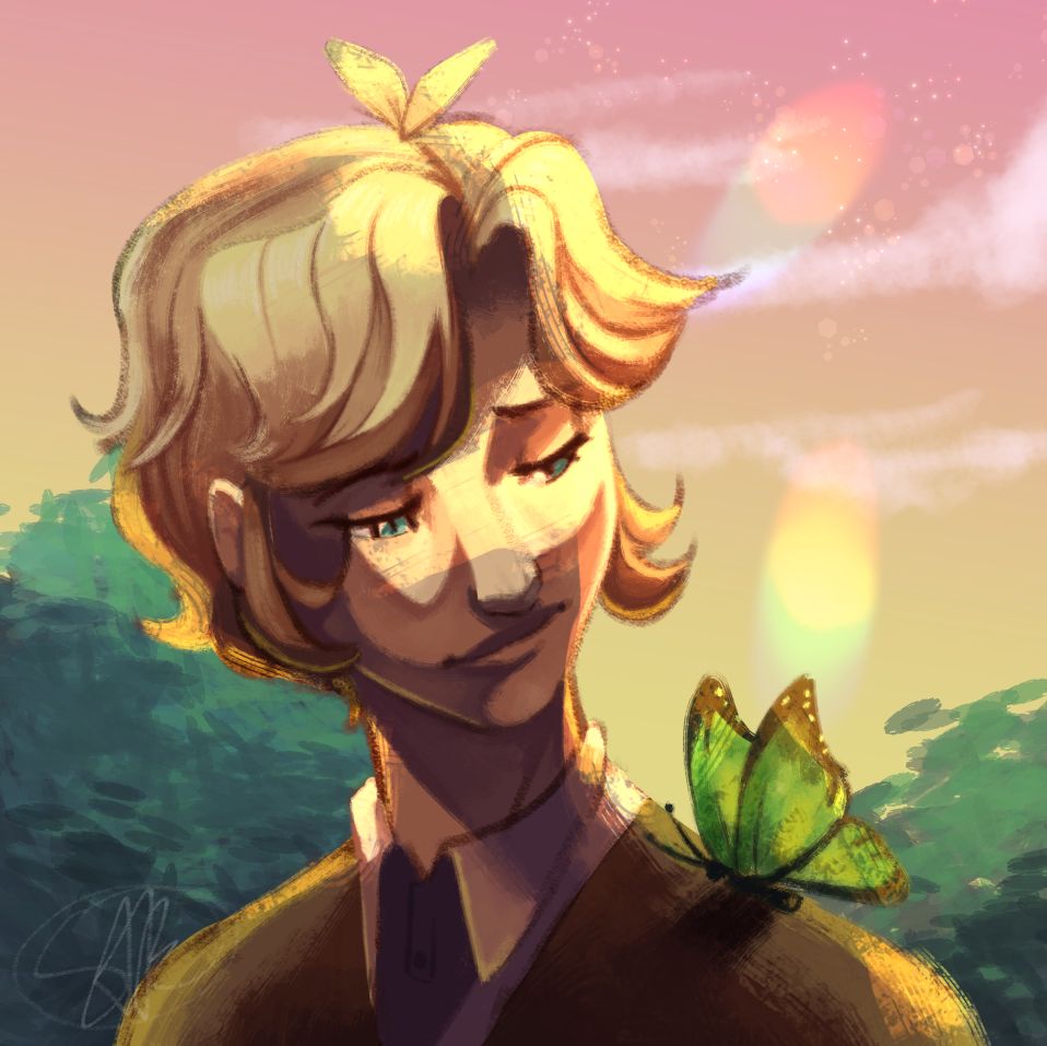A painting of a blonde character in the sunset. He smiles at a green butterfly perched on his left (our right) shoulder. 

[Belongs to @happylildamsel]