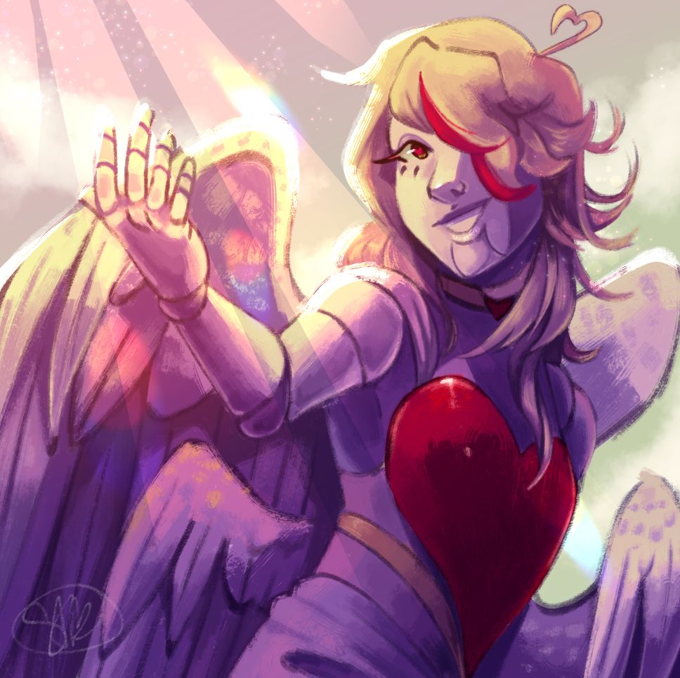 A digital painting of an angel type oc with a heart motif. They have long blonde hair with red stripes and they're a ball jointed doll. They have four sets of wings and a smile on their face. The sun's rays glow down on them

[@ToyChica[AF]