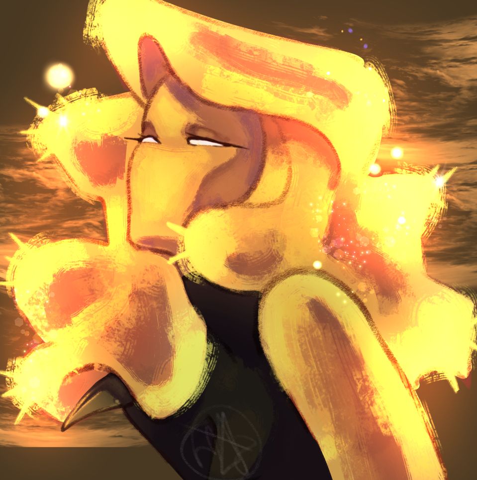 A sun themed God character, she has no mouth but bright white eyes, her glowing yellow hair floating around her.

[ Belongs to: @ZaneTheChaosChild]