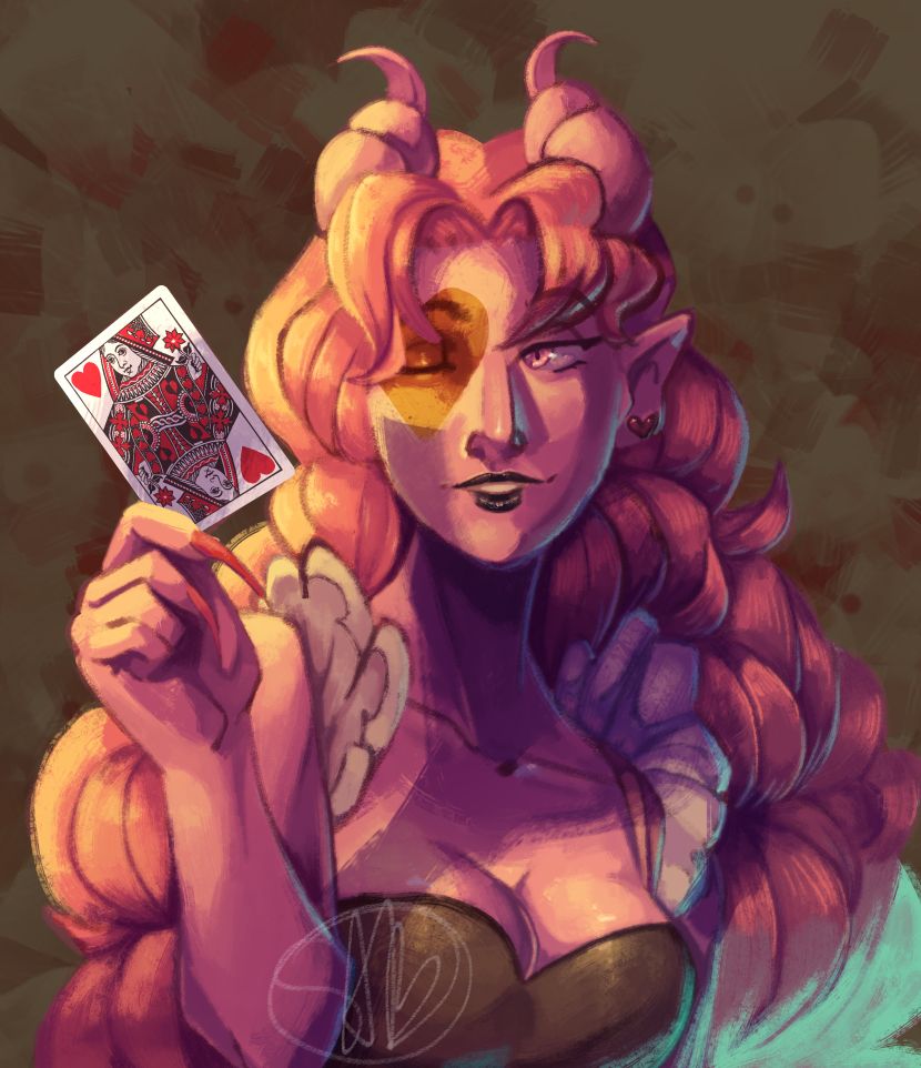 A pink Dungeons and Dragon's tiefling holding up a queen of hearts card, winking and smiling. Her hair is curly and she has a red heart over one of her eyes

[Belongs to: @tujiux]