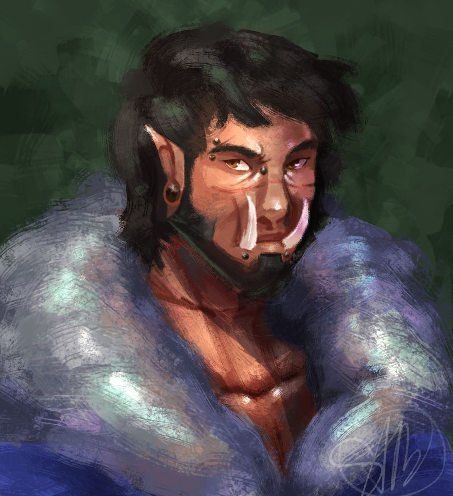 Portrait of my DND (dungeons and dragons) character Atkin Kearney. He is a half orc. He is in front of a textured green backround. He has black, shaggy hair and large white tusks. His face has several piercings in it. He has a scar across his nose and his throat and he is wearing a blue fur coat. 