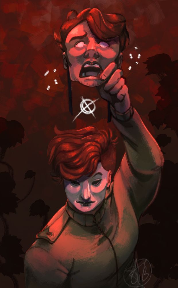 Digital painting of the character Masky from the youtube horror / analog series Marble Hornets. The image depicts masky facing the camera with his head down, while holding up a mask of a character named Tim Wright's face, which is screaming. In the center of the piece is the operator symbol, with white pills floating around. The background is red with dark red leaves.