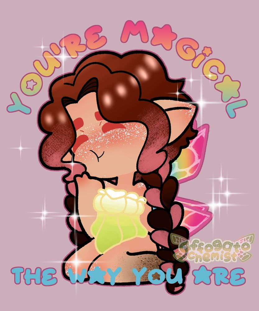A pansexual flag fairy with a flower dress. The words read "You're magical the way you are". 