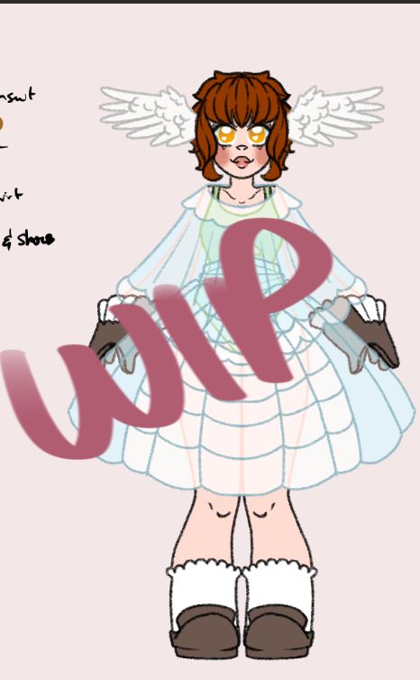 Work in progress of a girl with bird wings for ears, and an umbrella textured skirt and shawl.