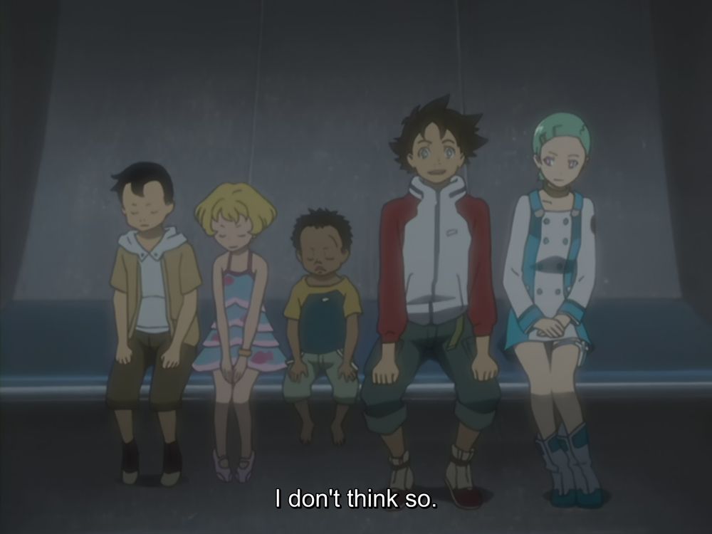 Screenshot from Eureka Seven Episode 6.
The camera zooms out to show the kids, Renton, and Eureka all sitting together in the brig, with Renton saying "I don't think so."