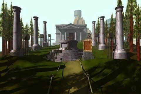 Screenshot from the videogame MYST. Shows a bath through the forest to the library.