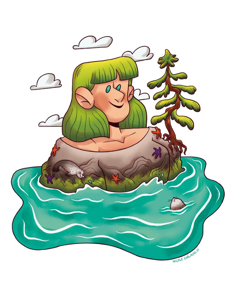 A bust of a large woman with green hair poking out of the water. Her shirt acts as a rock where a harbor seal and starfish are sitting on her. A tree protrudes from the right side. Clouds move behind her head. A harbor seal is poking his head out of the water, and they are staring at each other smiling. 