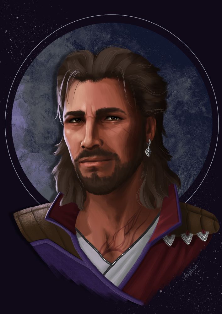 A portrait (bust) of Gale of Waterdeep from Baldur's Gate 3. He is pictured in his purple wizard robes gently looking at the viewer. Light illuminates the left side of his face, while the right side is more shadowy. His head is surrounded by a textured halo/sphere of blue and purple hues. The background is a deep midnight blue scattered with little light spots giving it the feel of space / night sky.