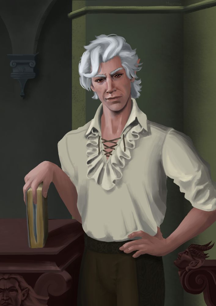 Portrait of Astarion from Baldur's Gate 3. He is standing between a table and a chair (only the arm of said chair is visible), holding a book. He is dressed in a white shirt with a frilly collar. Wooden table is decorated with a carving of Cazador's head. Chair arm is decorated with a carving of Raphael's head. Background consists of walls in shades of green.