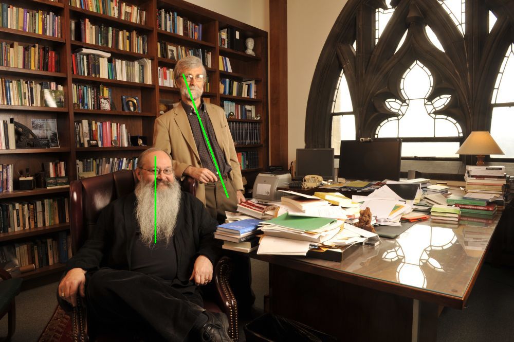 Brandom and McDowell in a book-lined office with Gothic(?) window; green vertical line through Brandom and green oblique line through McDowell