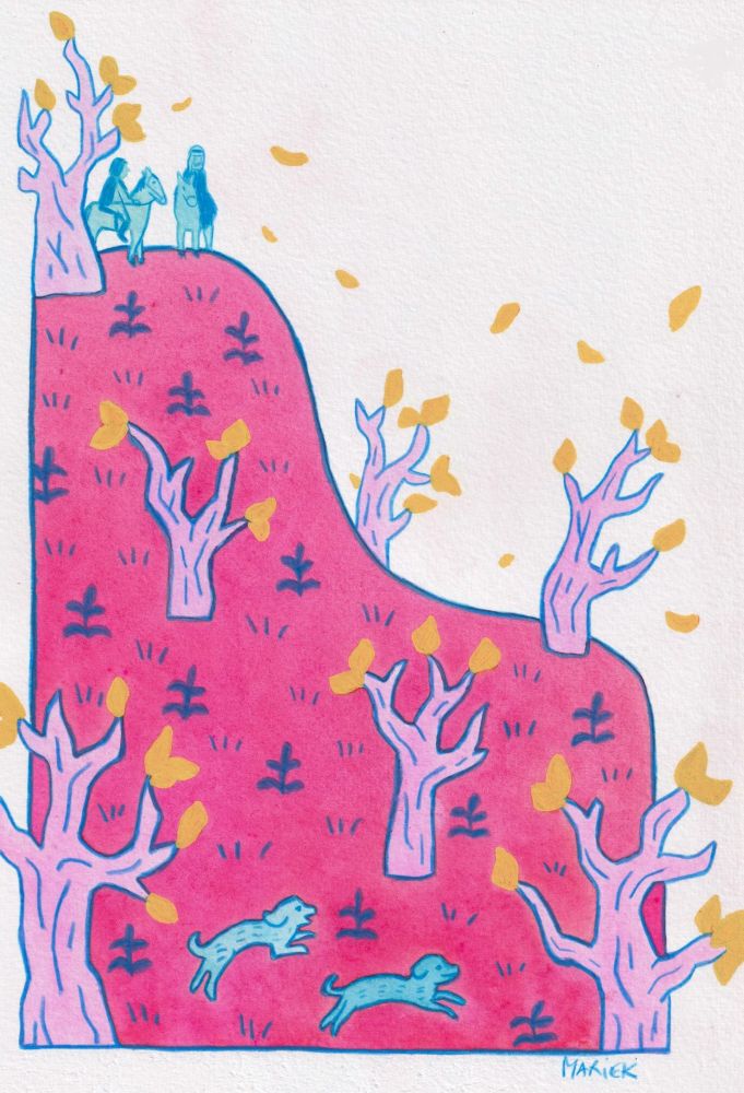 Gouache illustration with a limited colour palette, sir Erec and Queen Guinevere are waiting on the top of the hill in the forest for the hunting dogs. Scene from the beginning of "Erec and Enide"