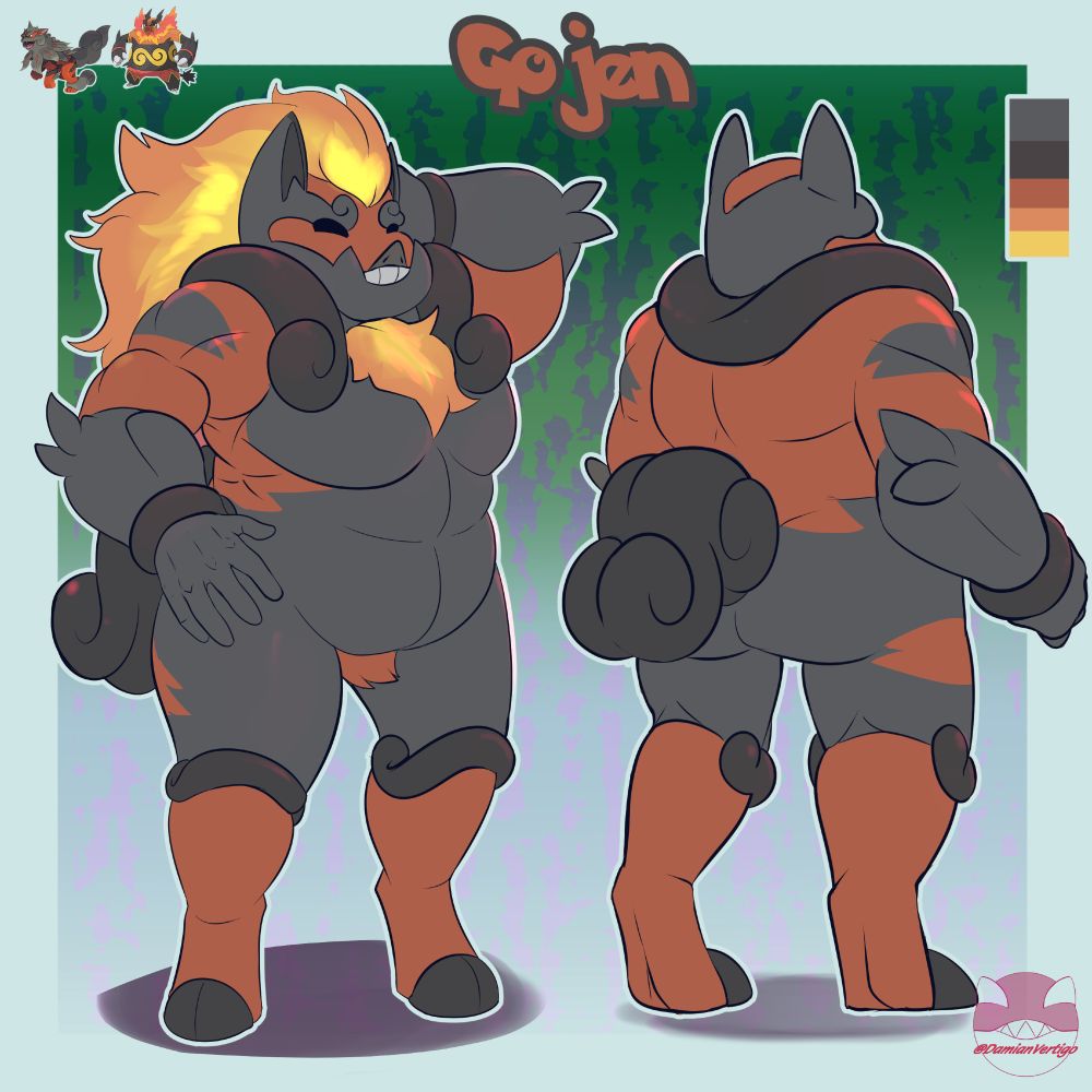 Gojen, a fusion between a Hisuian Arcanine and an Emboar.
