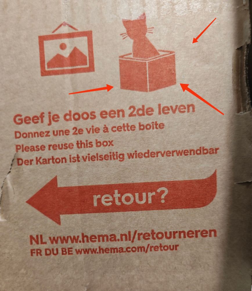 Ein Pappkarton auf dem ein Bild einer Katze ist, die in einem Karton sitzt. Mit dem Satz: der Karton ist vielseitig wiederverwendbar.