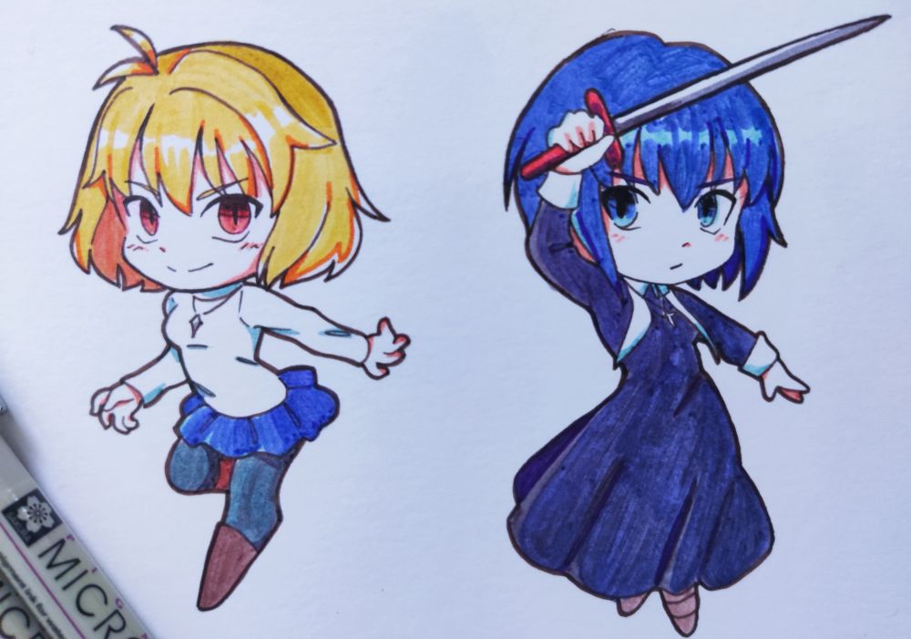 Two traditional colored chibis of Arcueid Brunestud and Ciel from Tsukihime