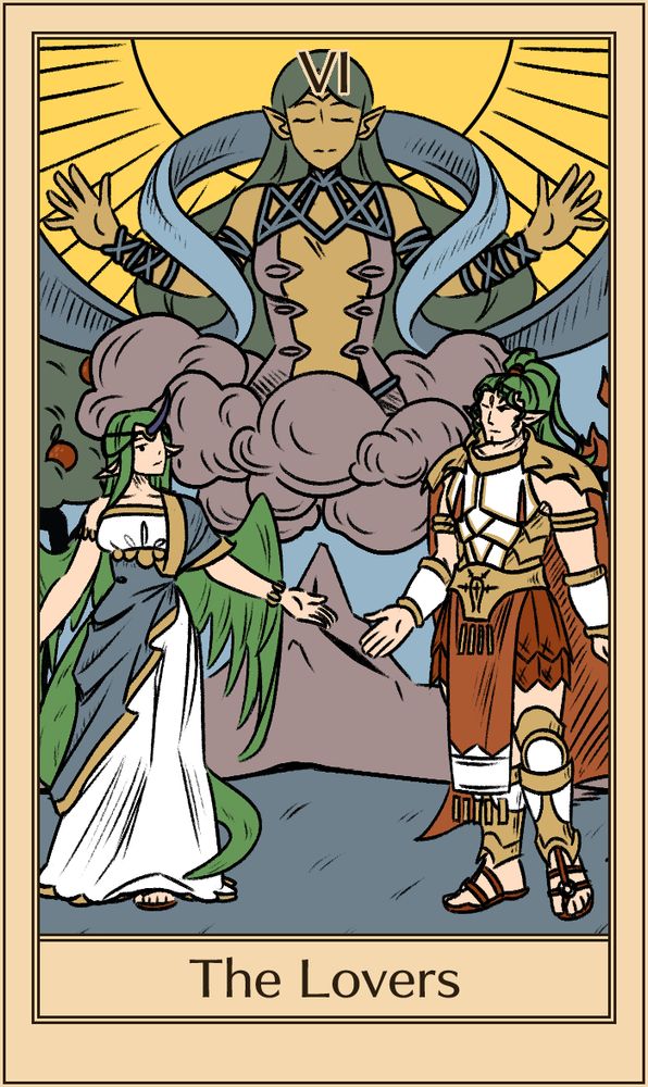 An emulation of the Rider-Waite Lovers tarot card. Mila and Duma stand on each side of the card, reaching out towards one another and looking up at Naga overhead.

(Artist's Note: for those unfamiliar with tarot, please be advised that The Lovers card represents duality and relationships in general, not just romantic ones. In some decks, it was called The Twins)