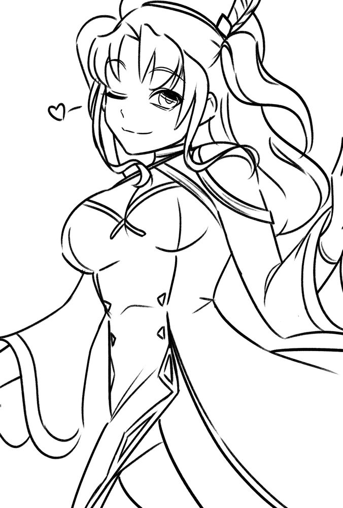 A black and white sketch of Poe from Fire Emblem Cipher. She is wearing an original outfit drawn by artist ZefirArt inspired by the High Priest class from Fire Emblem Engage. She is turning to wink at the viewer.