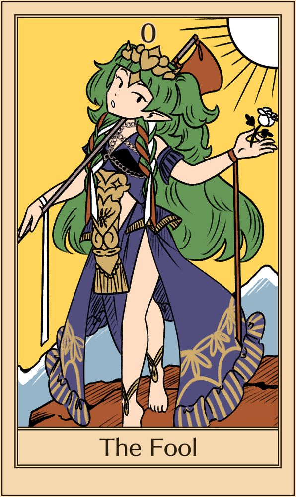 An emulation of the Rider-Waite Fool tarot card. Sothis stands on the precipice of a cliff on the beginning of a journey, bindle over her shoulder and a white rose in one hand. The sun shines overhead.