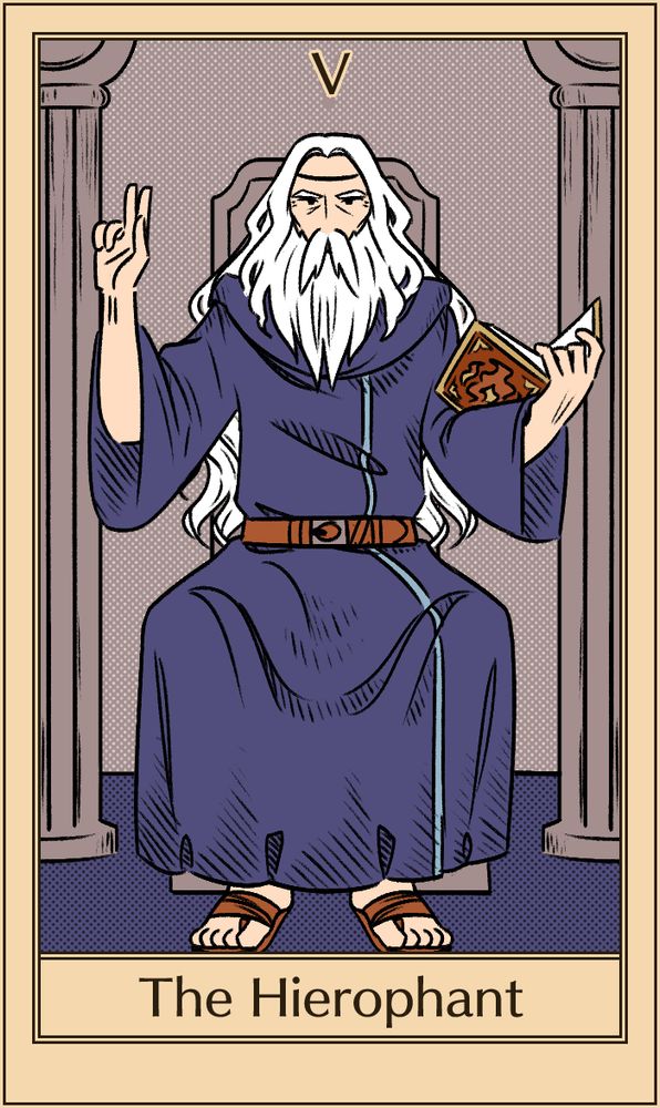 An emulation of the Rider-Waite Hierophant tarot card. Athos sits with one hand up, two fingers pointing upwards, two pointing down. In the crook of his other arm is the legendary fire tome Forblaze.