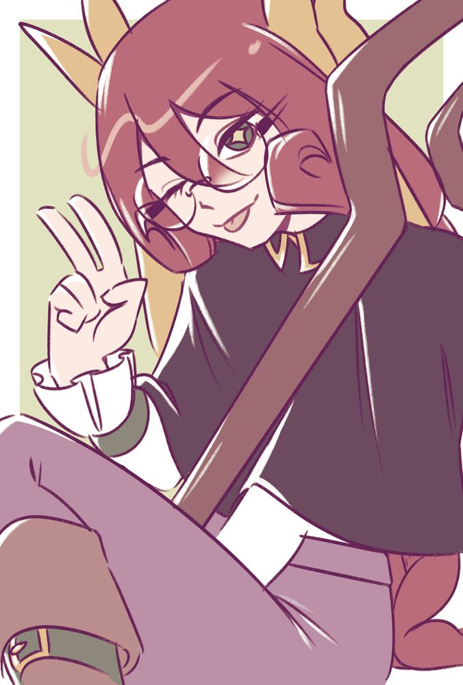 A picture of an original character, Canopus Stern. He sits with one knee drawn up towards his chest, giving a peace sign to the camera. His wooden staff rests against his shoulder.