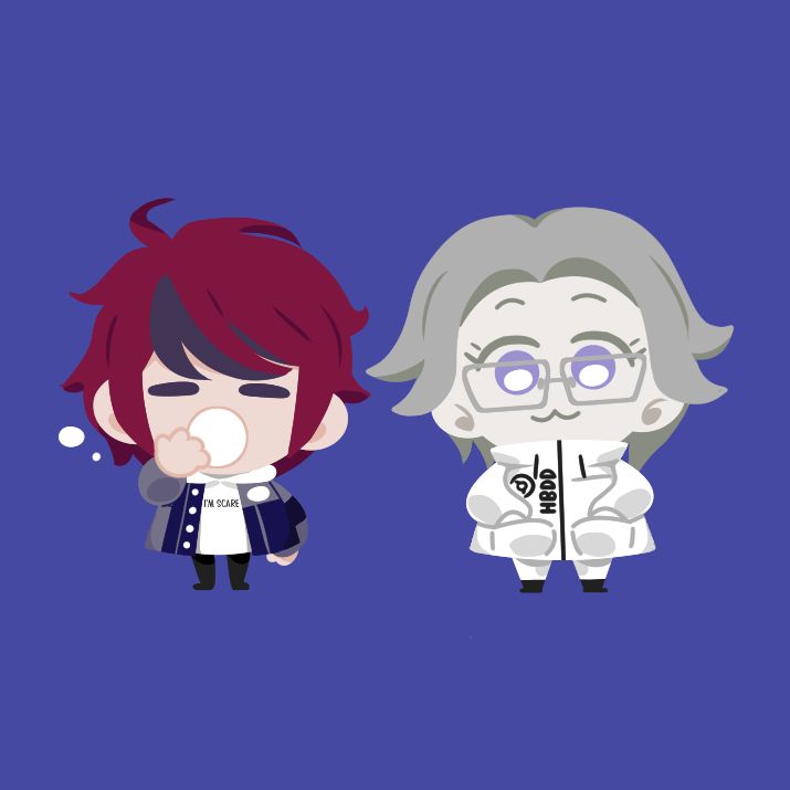 two very simplified chibis of takumi sumino and eito aotsuki from the hundred line: last defense academy. takumi is yawning sleepily. eito is looking at the camera with a catlike grin and both hands in his pockets.