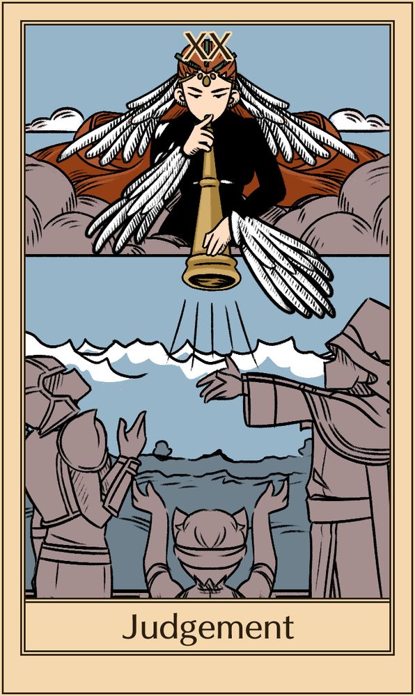 An emulation of the Rider-Waite Judgement tarot card. Ashera leans over the clouds at the top of the card, blowing a golden horn. Below stand three figures beckoning up at the sky, awaiting judgement.