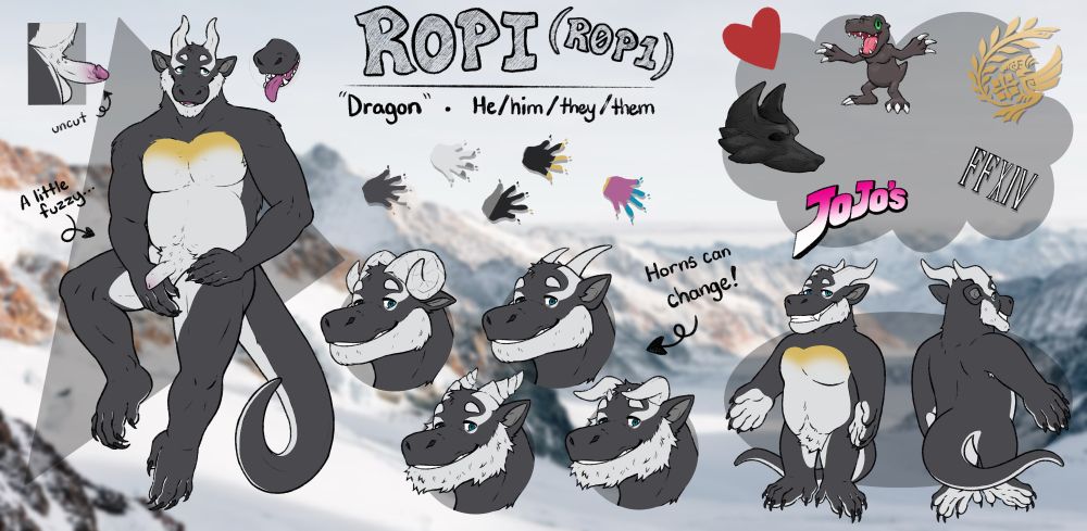 Reference sheet of an anthropomorphic feathery-fuzzy "lizard", named Ropi(R0P1), with color schemes inspired by Gentoo and Emperor penguin species. It shows the character with different horns, pointing out their changeling nature.
The sheet also points out to some of their likes by using icons, including Digimon, Monster Hunter, FFXIV, JoJo's Bizarre Adventure, and Noss Saga.

Also includes an uncut peeeeeeeenis :D