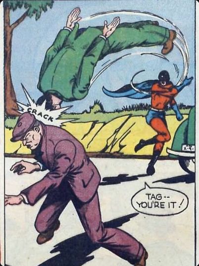 A superhero brains a bad guy by launching another bad guy into the back of his skull