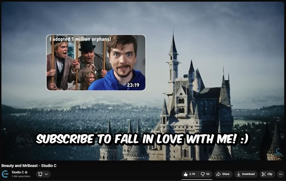 A Studio C Mr. Beast parody on YouTube named "Beauty and MrBeast". The end screen card reads "I adopted 1 million orphans!"